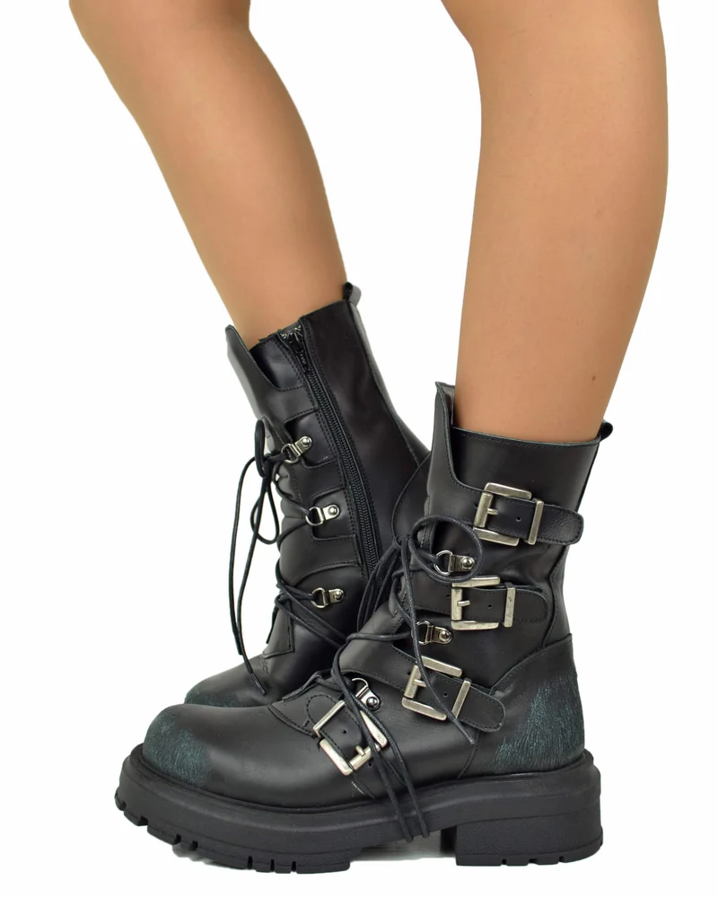 Anfibi Rock Grunge Platform 4 Fibbie Vera Pelle Nera Total Black Effetto Used