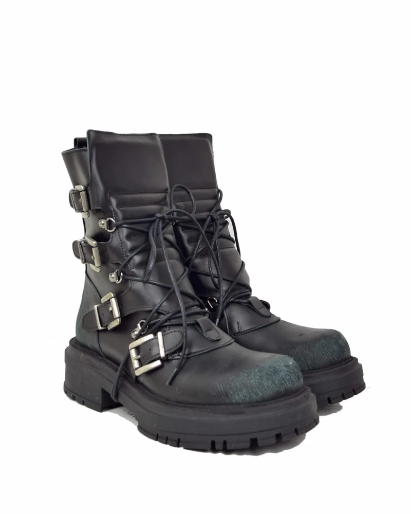 Anfibi Rock Grunge Platform 4 Fibbie Vera Pelle Nera Total Black Effetto Used