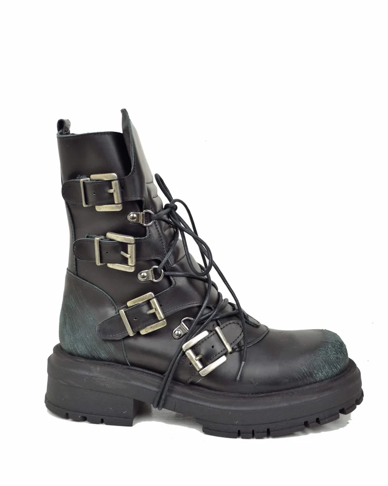 Anfibi Rock Grunge Platform 4 Fibbie Vera Pelle Nera Total Black Effetto Used
