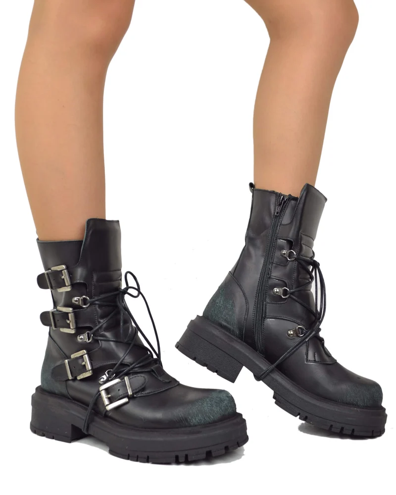 Anfibi Rock Grunge Platform 4 Fibbie Vera Pelle Nera Total Black Effetto Used