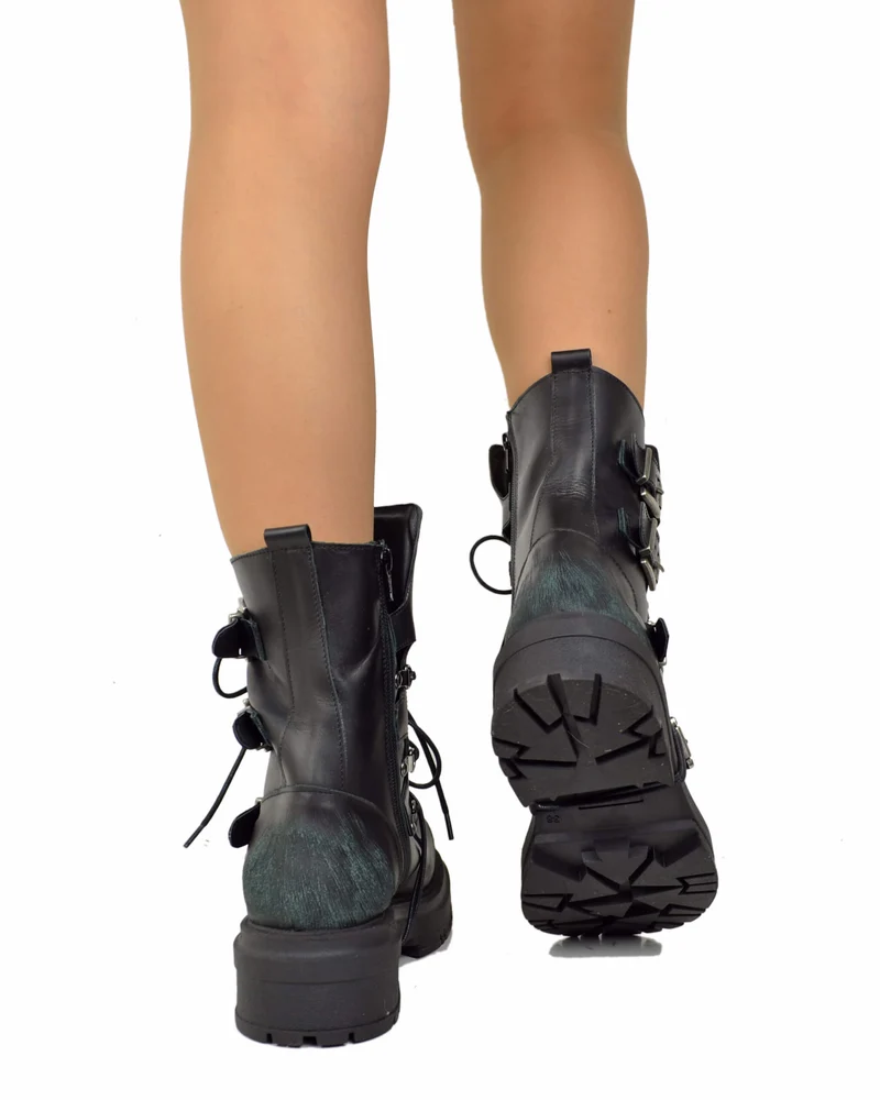 Anfibi Rock Grunge Platform 4 Fibbie Vera Pelle Nera Total Black Effetto Used