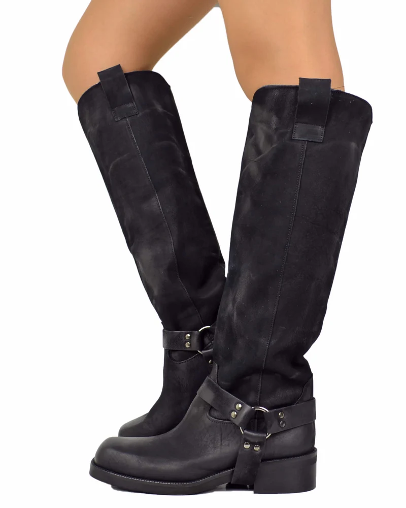 Biker Pelle Nabuk Nero DIVINE FOLLIE Alti Fondo Quadrato