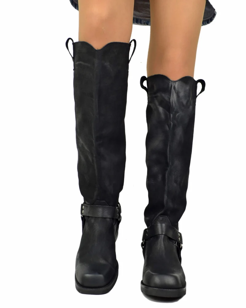 Biker Pelle Nabuk Nero DIVINE FOLLIE Alti Fondo Quadrato