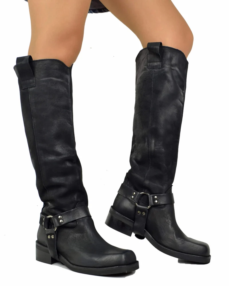 Biker Pelle Nabuk Nero DIVINE FOLLIE Alti Fondo Quadrato