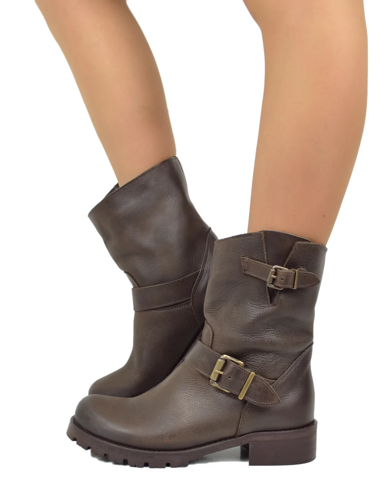 Stivali Donna Police Biker Boots in Pelle Ingrassata Marrone Scuro Made in Italy