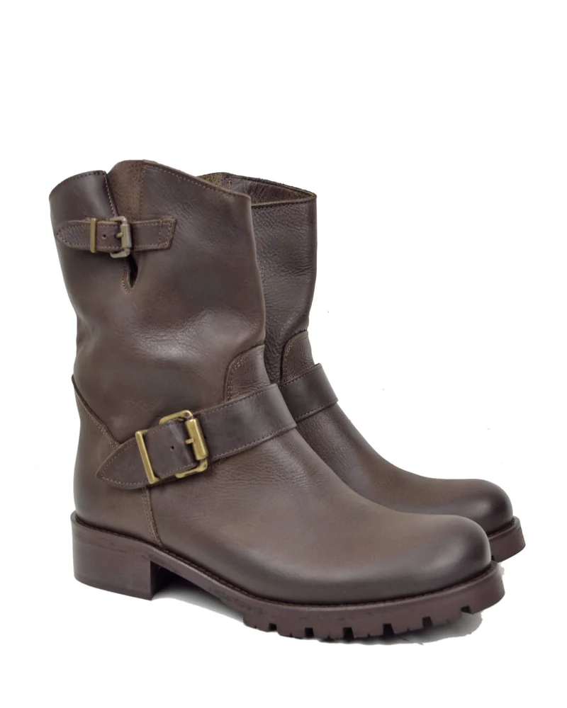 Stivali Donna Police Biker Boots in Pelle Ingrassata Marrone Scuro Made in Italy