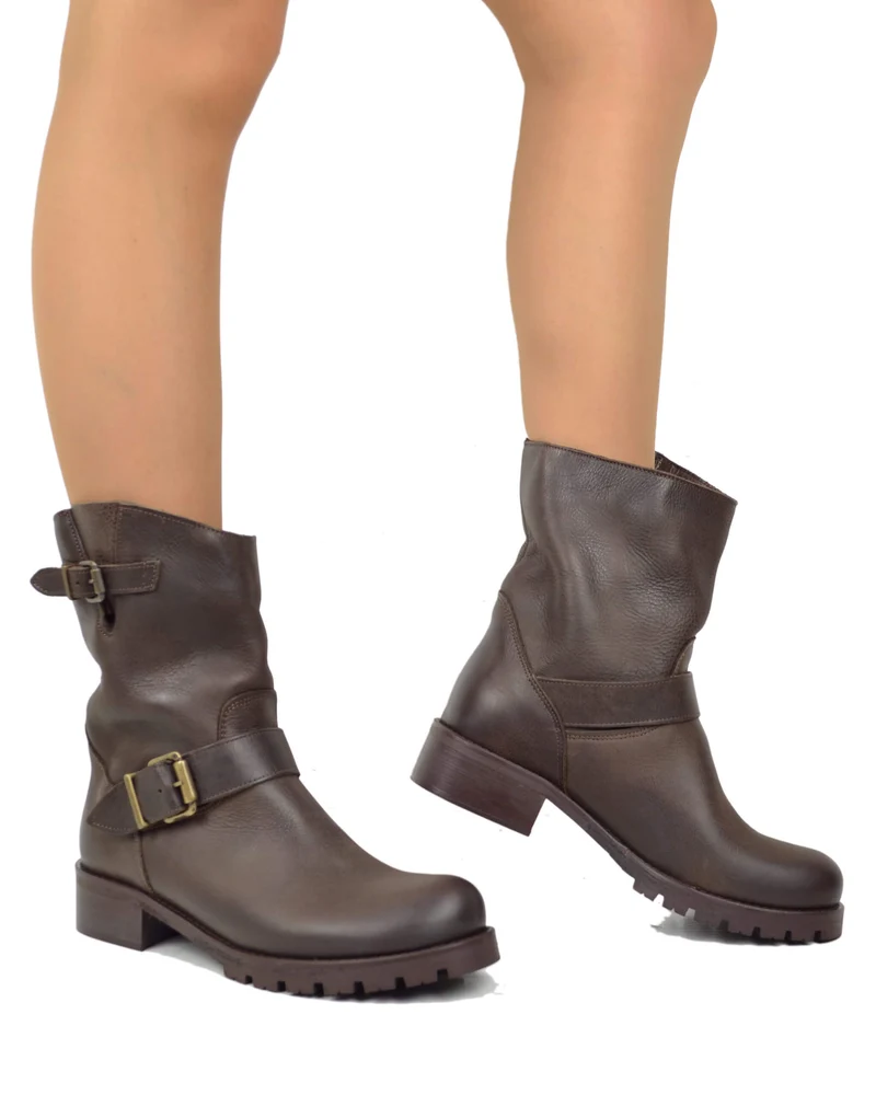 Stivali Donna Police Biker Boots in Pelle Ingrassata Marrone Scuro Made in Italy