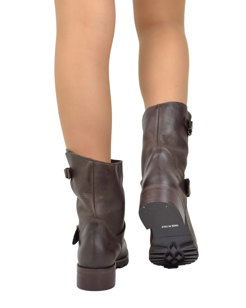 Stivali Donna Police Biker Boots in Pelle Ingrassata Marrone Scuro Made in Italy