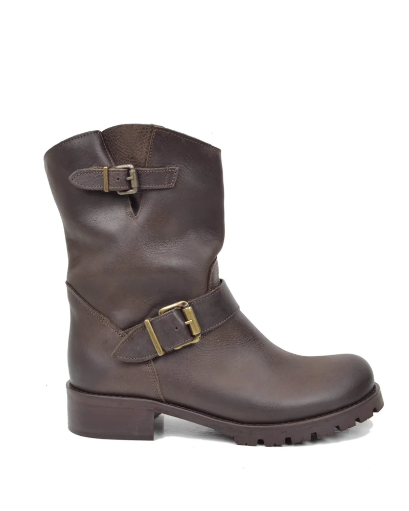Stivali Donna Police Biker Boots in Pelle Ingrassata Marrone Scuro Made in Italy
