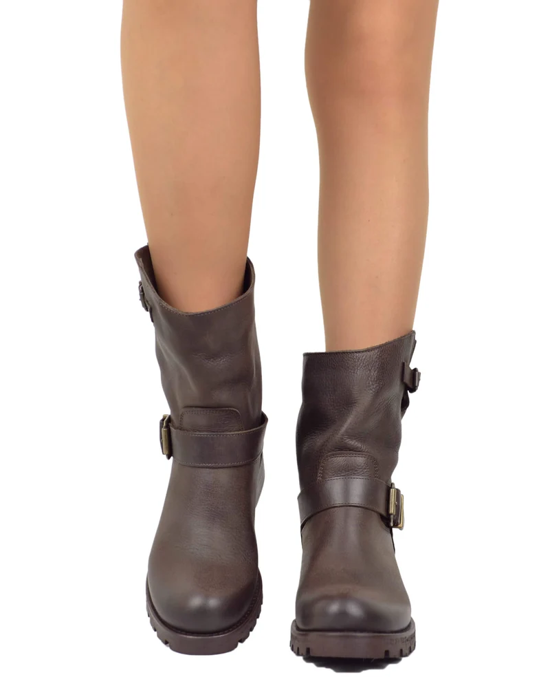 Stivali Donna Police Biker Boots in Pelle Ingrassata Marrone Scuro Made in Italy