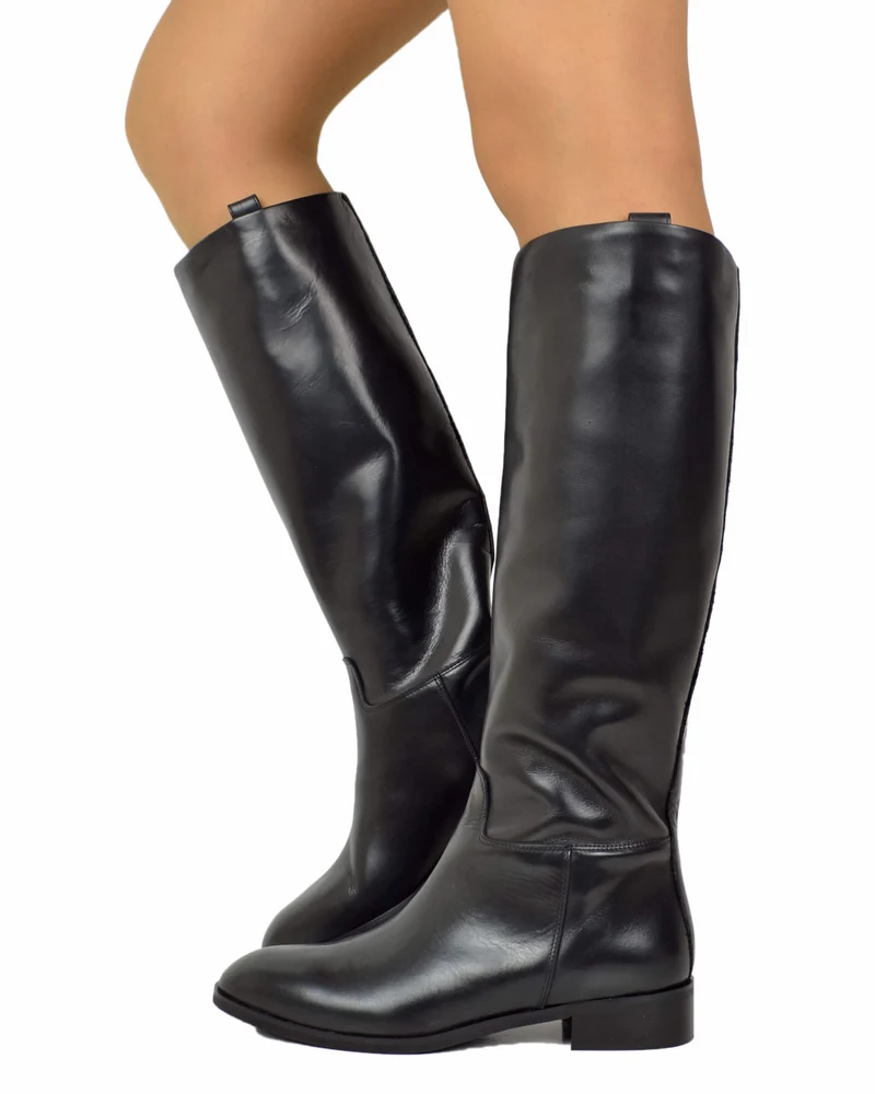 Stivali Stile Cavallerizza Eleganti Vera Pelle Tacco Basso Semirigidi Nero