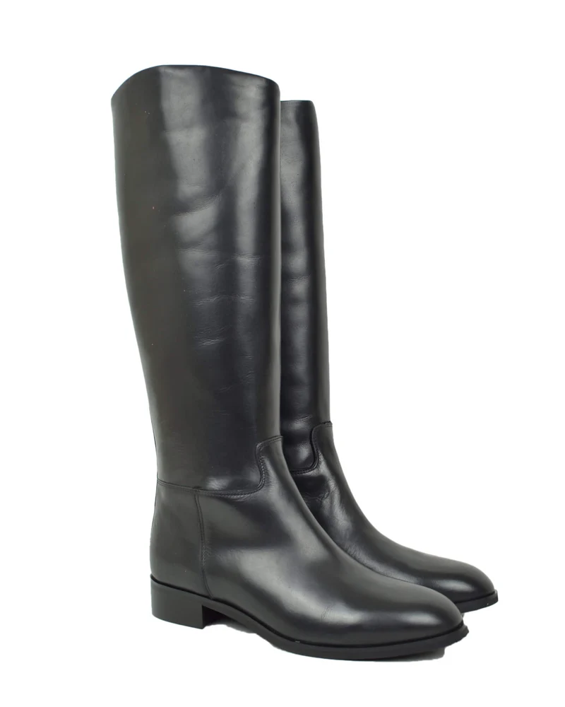 Stivali Stile Cavallerizza Eleganti Vera Pelle Tacco Basso Semirigidi Nero