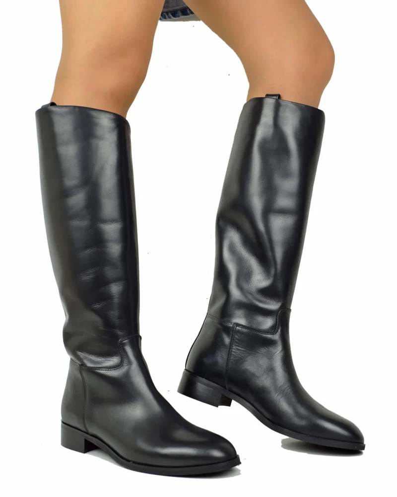 Stivali Stile Cavallerizza Eleganti Vera Pelle Tacco Basso Semirigidi Nero
