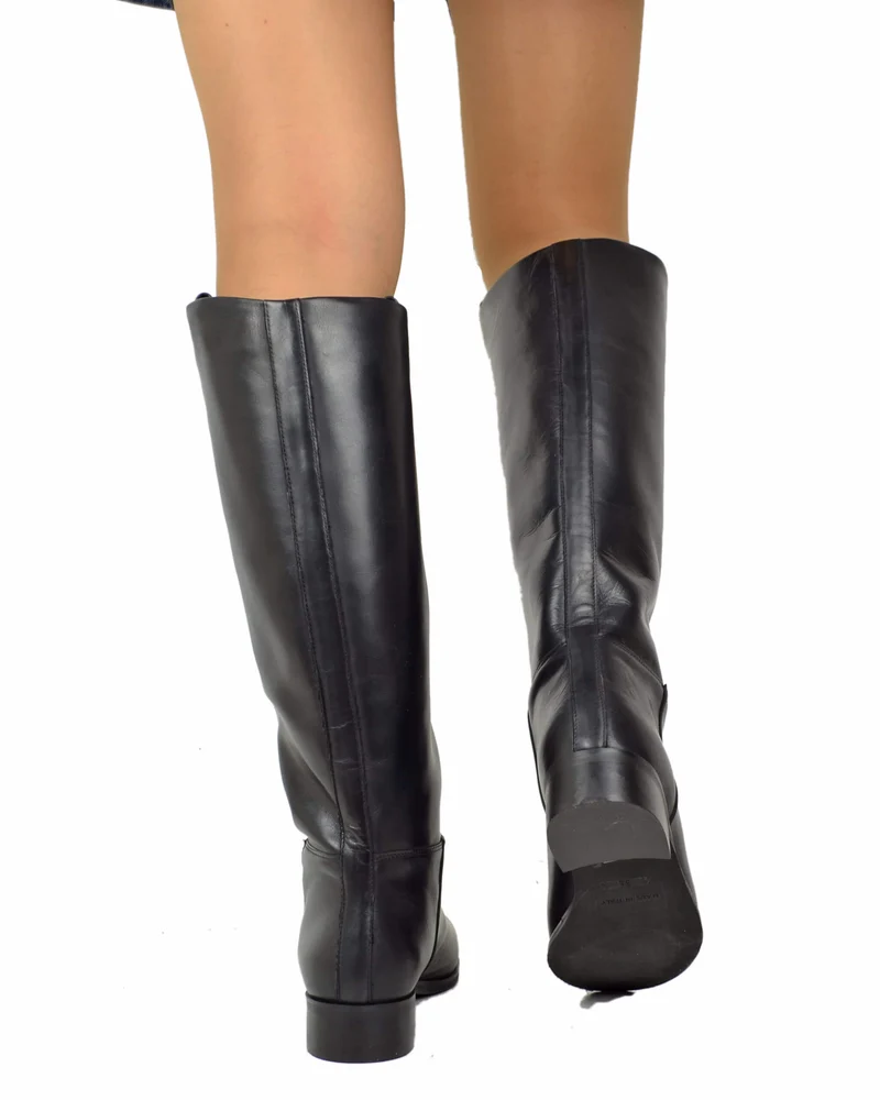 Stivali Stile Cavallerizza Eleganti Vera Pelle Tacco Basso Semirigidi Nero