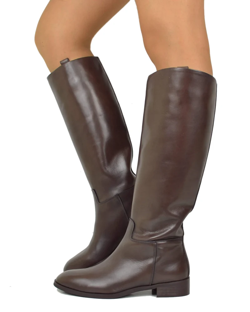 Stivali Stile Cavallerizza Eleganti Vera Pelle Tacco Basso Semirigidi Marroni