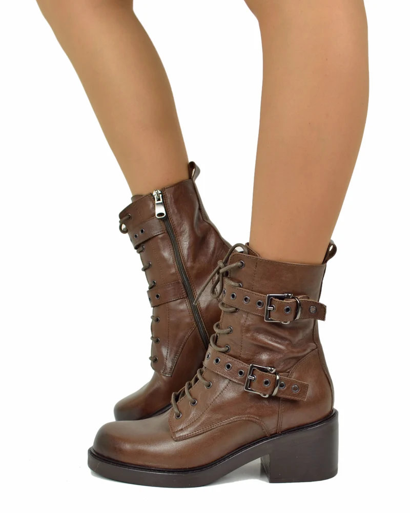 Stivaletti Frenchy Stringati French Boots Fibbie e Zip Laterale Cuoio Vera Pelle