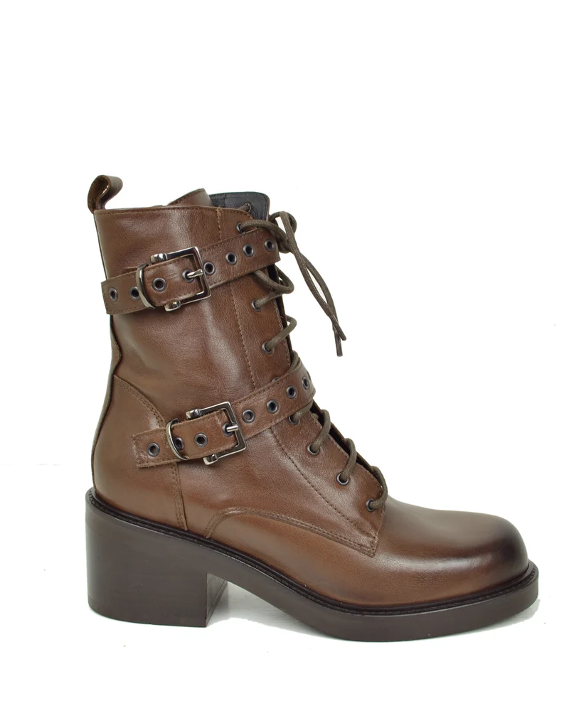 Stivaletti Frenchy Stringati French Boots Fibbie e Zip Laterale Cuoio Vera Pelle