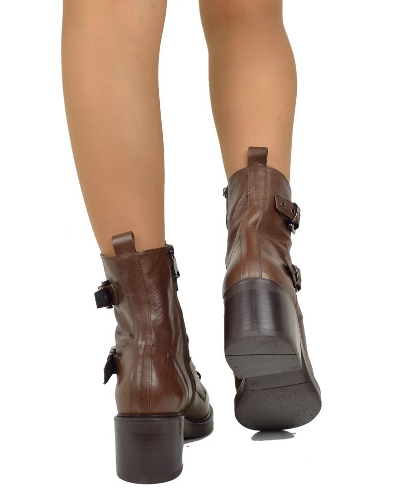 Stivaletti Frenchy Stringati French Boots Fibbie e Zip Laterale Cuoio Vera Pelle