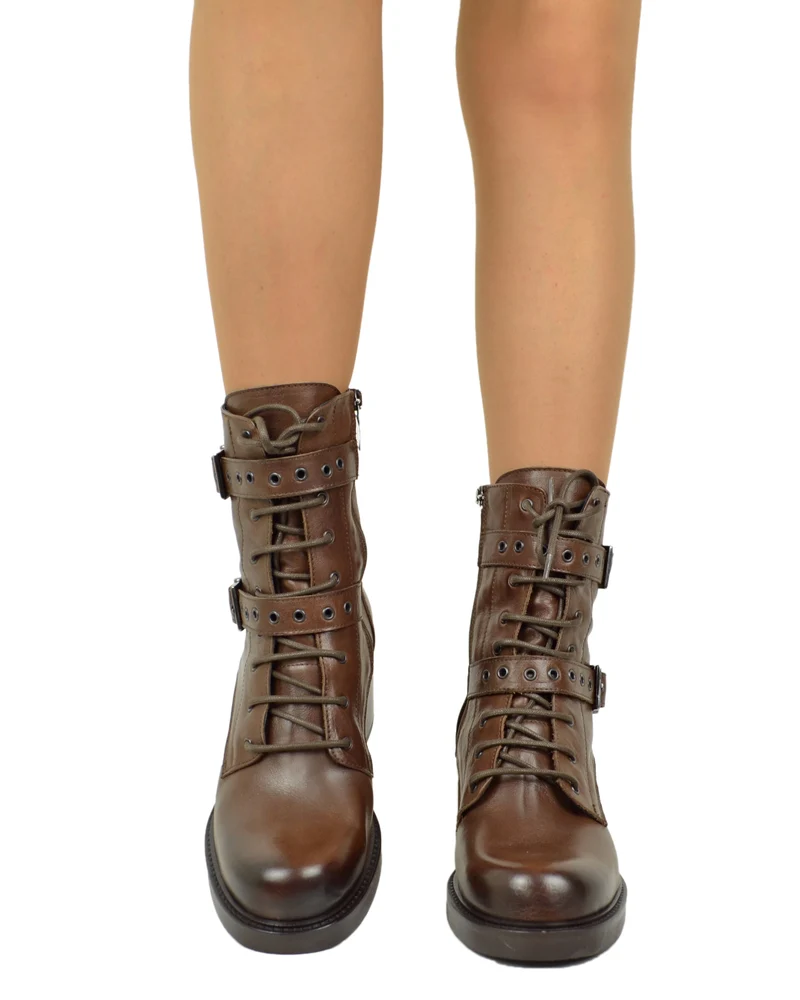 Stivaletti Frenchy Stringati French Boots Fibbie e Zip Laterale Cuoio Vera Pelle