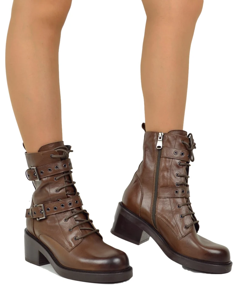 Stivaletti Frenchy Stringati French Boots Fibbie e Zip Laterale Cuoio Vera Pelle