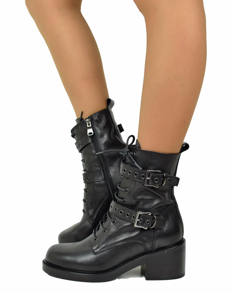 Stivaletti Frenchy Stringati French Boots Fibbie e Zip Laterale Neri Vera Pelle
