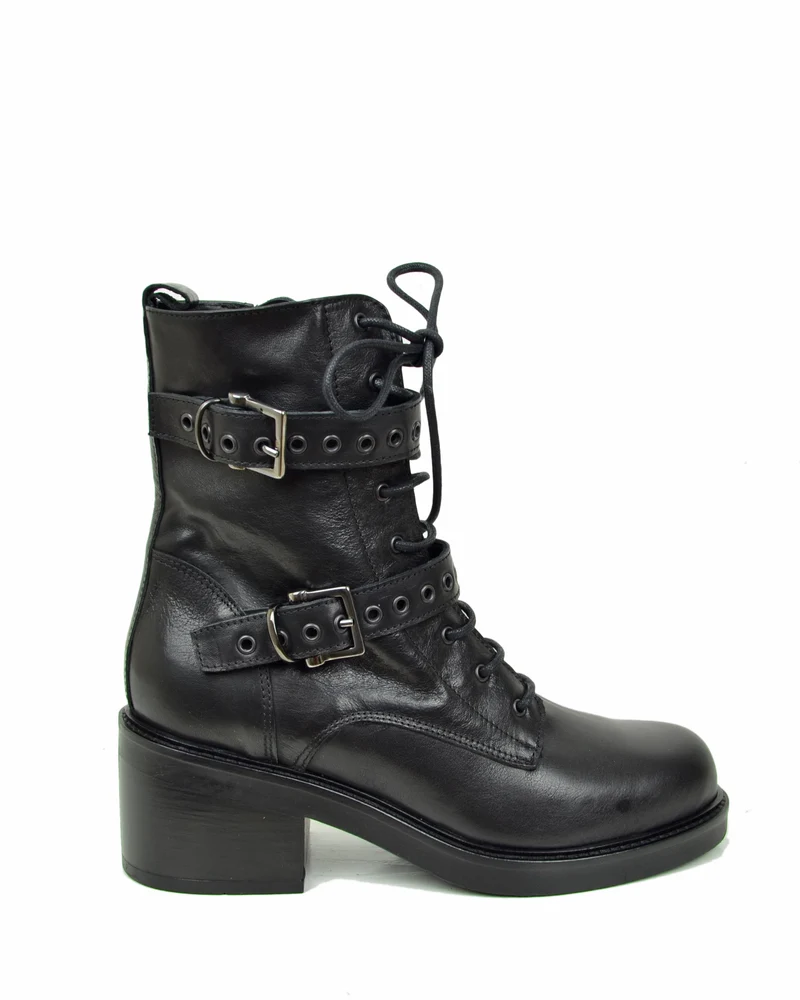 Stivaletti Frenchy Stringati French Boots Fibbie e Zip Laterale Neri Vera Pelle