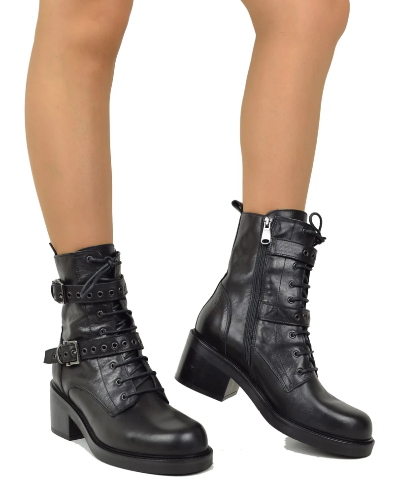 Stivaletti Frenchy Stringati French Boots Fibbie e Zip Laterale Neri Vera Pelle