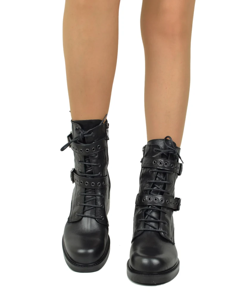 Stivaletti Frenchy Stringati French Boots Fibbie e Zip Laterale Neri Vera Pelle