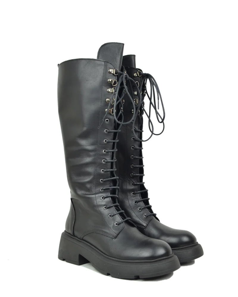 Stivali Anfibi Stringati Alti 18 Occhielli Vera Pelle Fondo Platform Pianta Larga