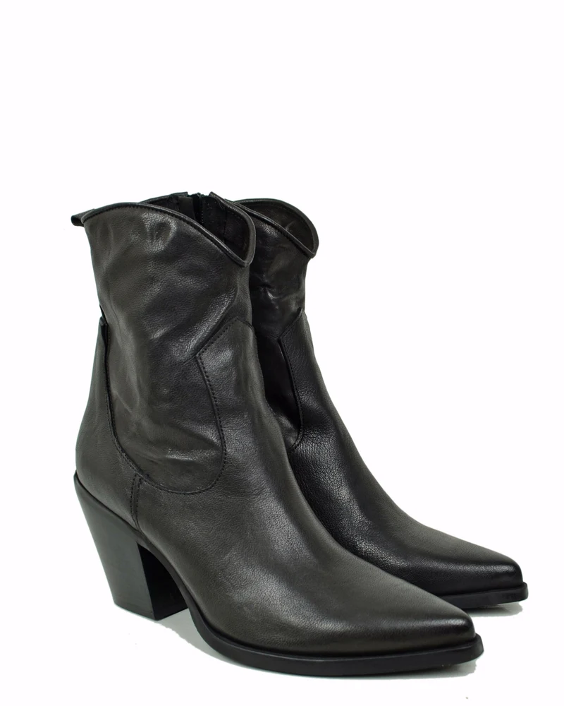 Stivaletti alla Caviglia Tacco 9 cm in Pelle effetto Stropicciato Sfumata Vintage Neri
