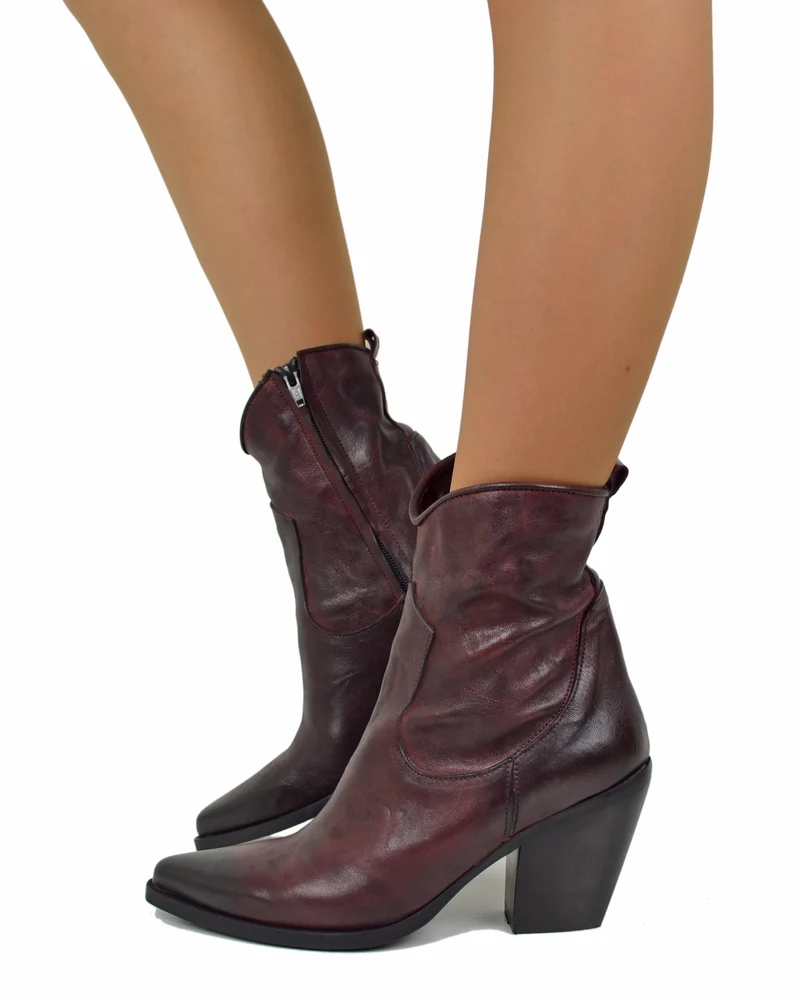 Stivaletti alla Caviglia Tacco 9 cm in Pelle effetto Stropicciato Sfumata Vintage Bordeaux