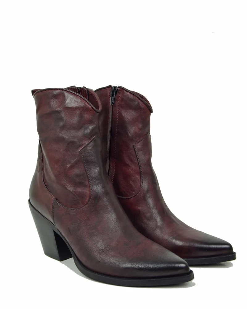 Stivaletti alla Caviglia Tacco 9 cm in Pelle effetto Stropicciato Sfumata Vintage Bordeaux