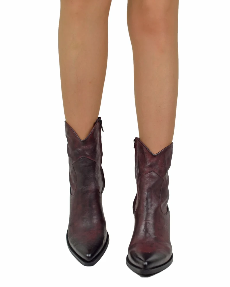Stivaletti alla Caviglia Tacco 9 cm in Pelle effetto Stropicciato Sfumata Vintage Bordeaux