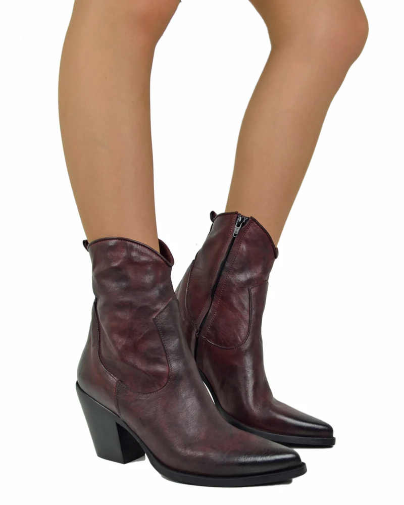 Stivaletti alla Caviglia Tacco 9 cm in Pelle effetto Stropicciato Sfumata Vintage Bordeaux