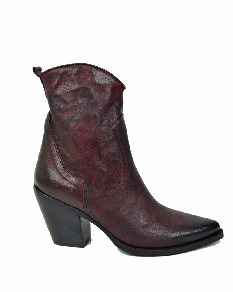 Stivaletti alla Caviglia Tacco 9 cm in Pelle effetto Stropicciato Sfumata Vintage Bordeaux