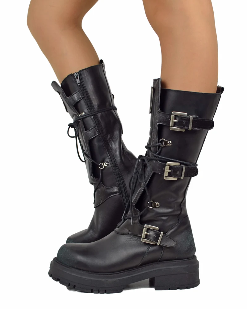 Anfibi Alti Rock Grunge Platform 4 Fibbie Argento Vera Pelle Metallizzata Nera
