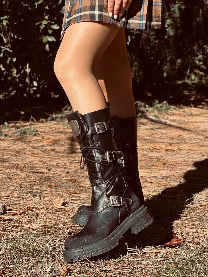 Anfibi Alti Rock Grunge Platform 4 Fibbie Argento Vera Pelle Metallizzata Nera