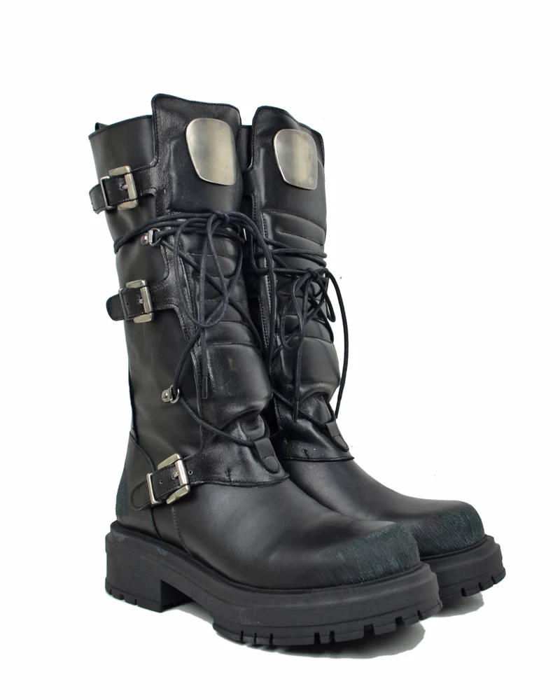 Anfibi Alti Rock Grunge Platform 4 Fibbie Argento Vera Pelle Metallizzata Nera