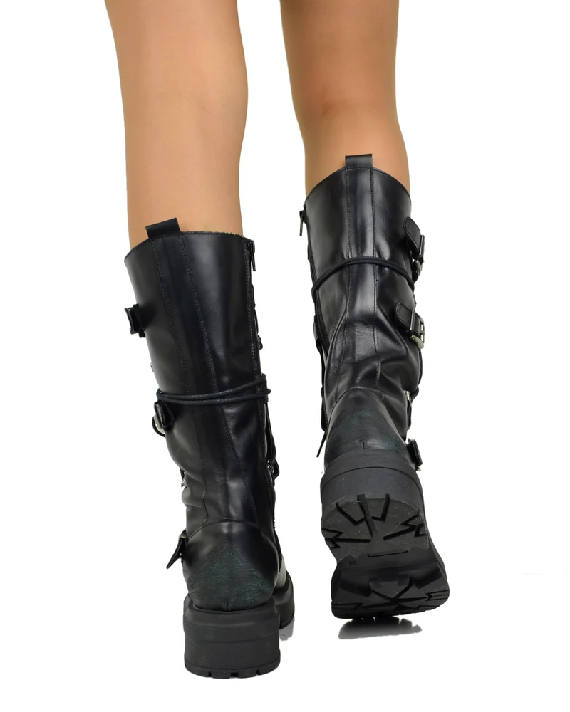 Anfibi Alti Rock Grunge Platform 4 Fibbie Argento Vera Pelle Metallizzata Nera