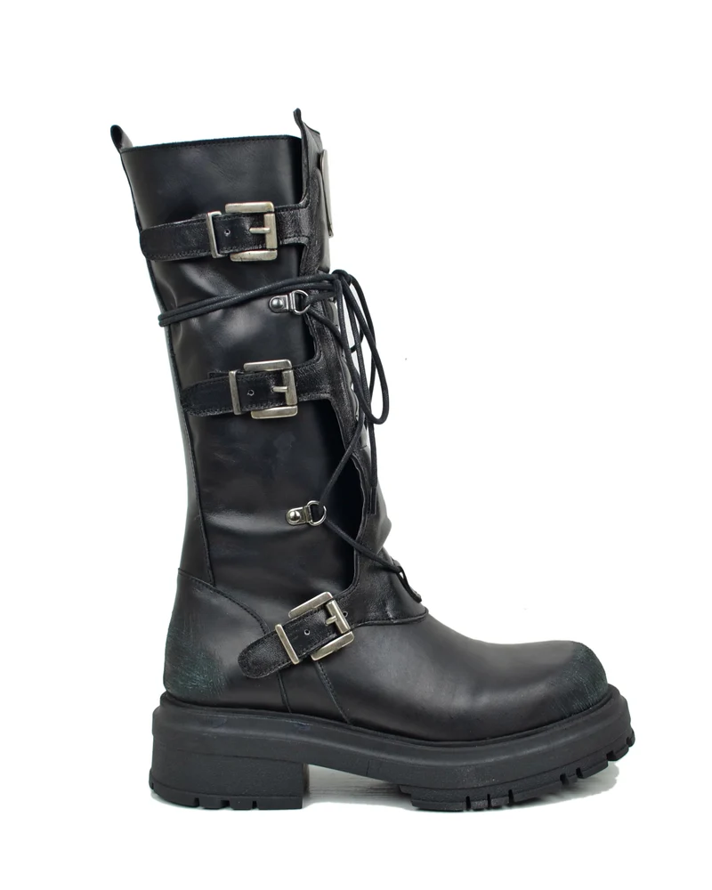 Anfibi Alti Rock Grunge Platform 4 Fibbie Argento Vera Pelle Metallizzata Nera