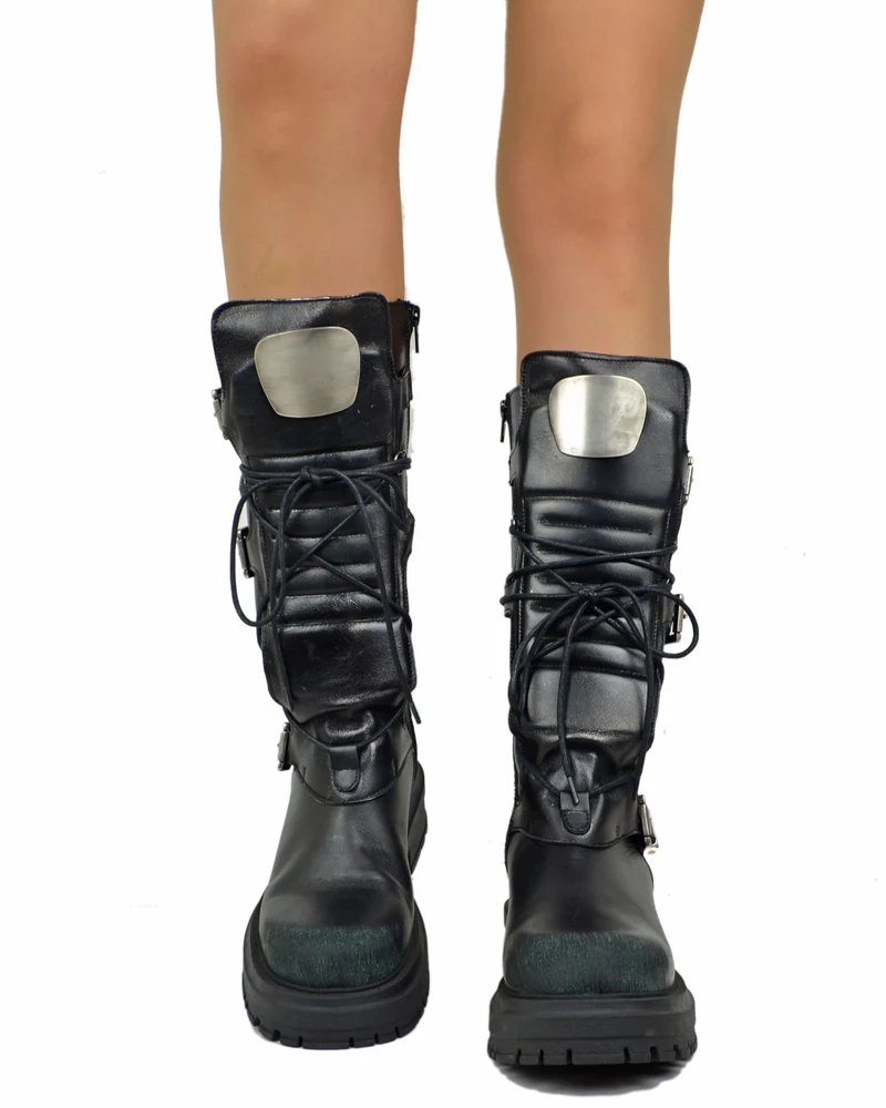Anfibi Alti Rock Grunge Platform 4 Fibbie Argento Vera Pelle Metallizzata Nera