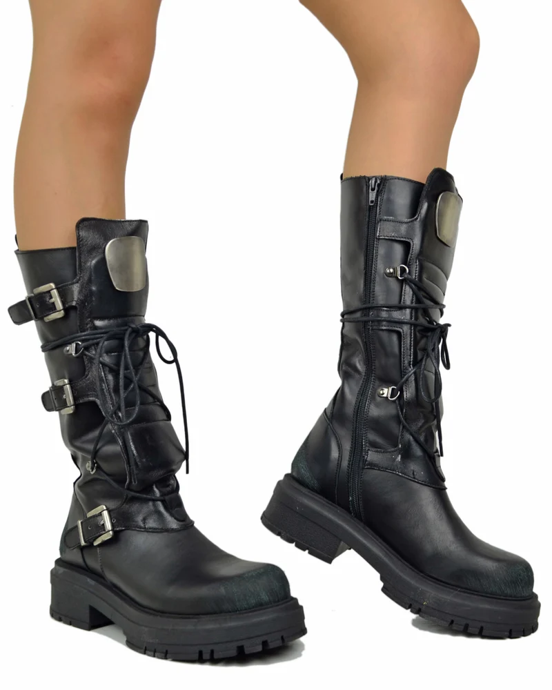 Anfibi Alti Rock Grunge Platform 4 Fibbie Argento Vera Pelle Metallizzata Nera