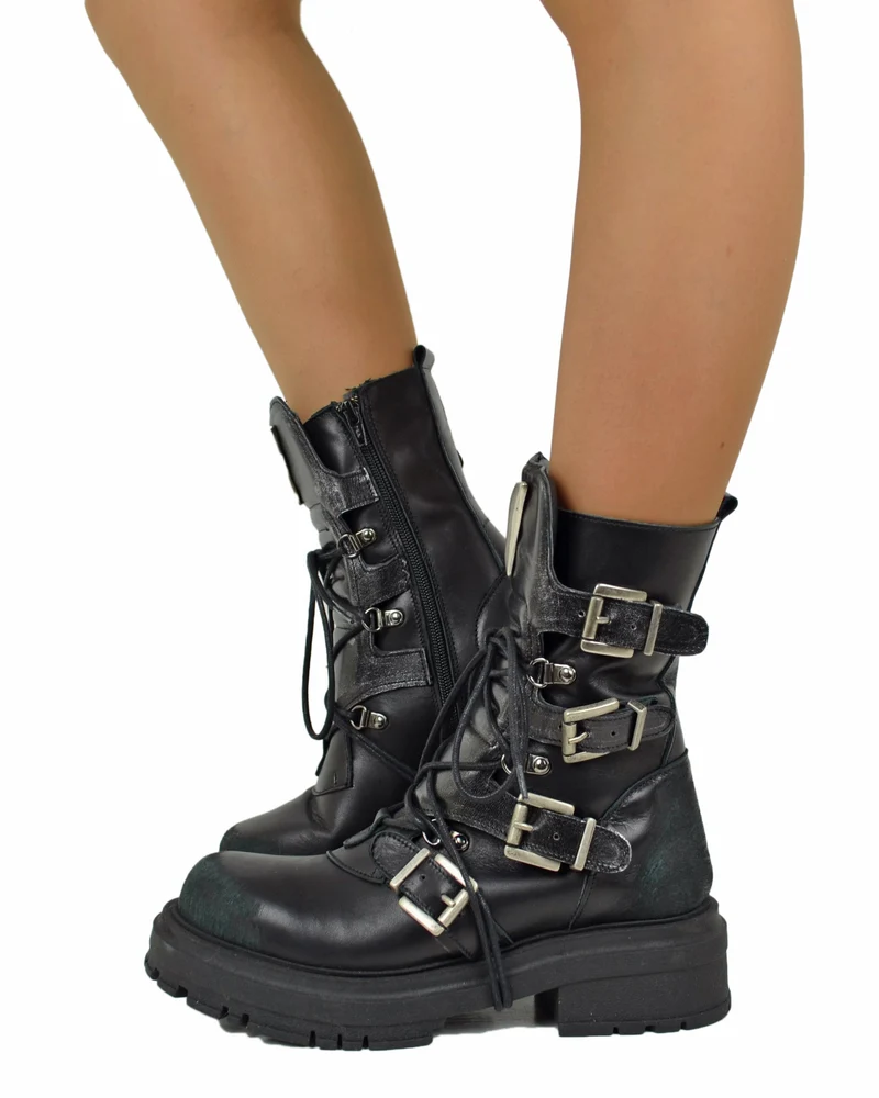 Anfibi Rock Grunge Platform 4 Fibbie Vera Pelle Metallizzata Nera