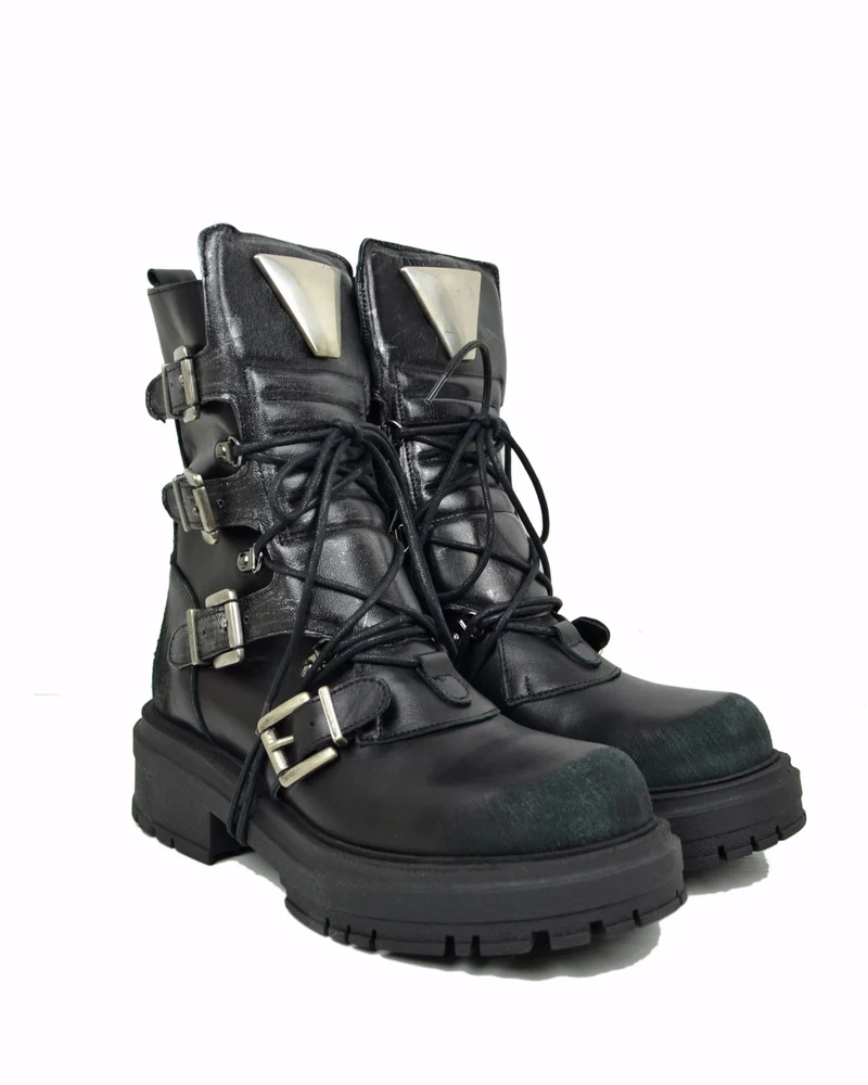 Anfibi Rock Grunge Platform 4 Fibbie Vera Pelle Metallizzata Nera