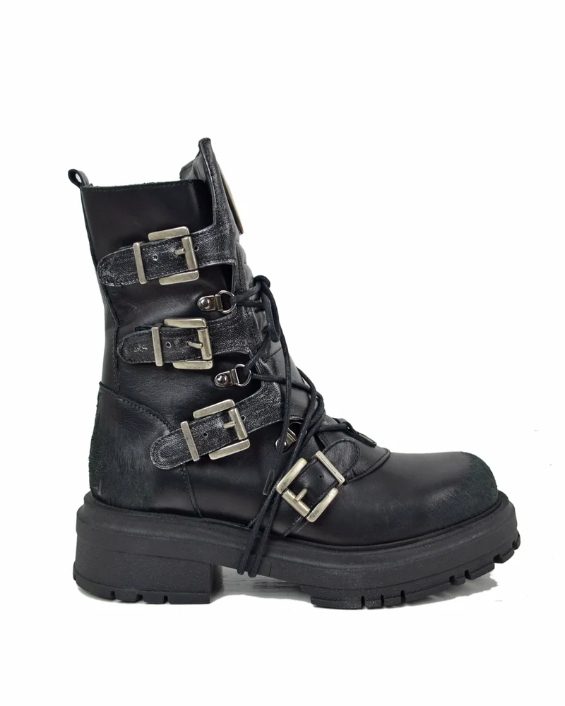 Anfibi Rock Grunge Platform 4 Fibbie Vera Pelle Metallizzata Nera