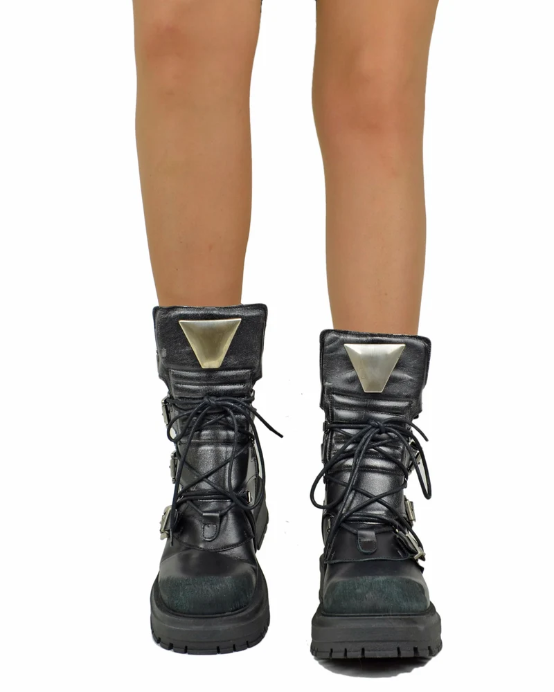 Anfibi Rock Grunge Platform 4 Fibbie Vera Pelle Metallizzata Nera