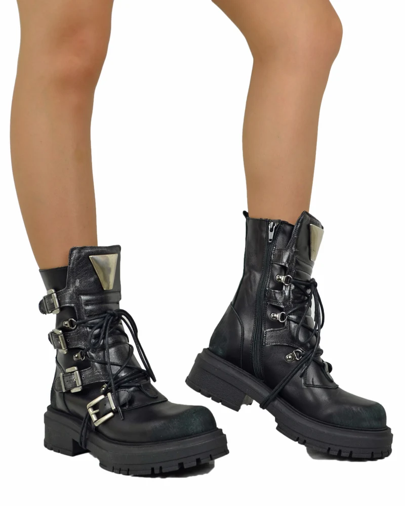 Anfibi Rock Grunge Platform 4 Fibbie Vera Pelle Metallizzata Nera