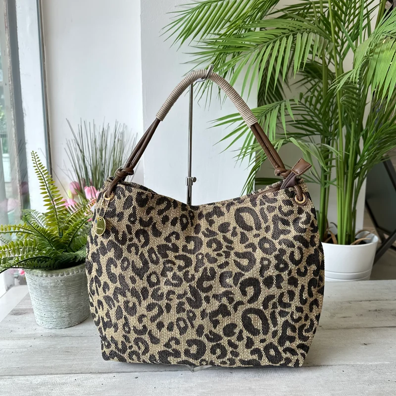 Shopping Bag a Spalla KikkiLine Tessuto Animalier Leopardato Marrone