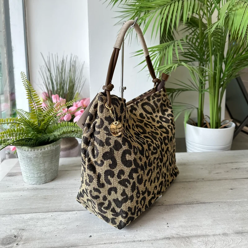 Shopping Bag a Spalla KikkiLine Tessuto Animalier Leopardato Marrone