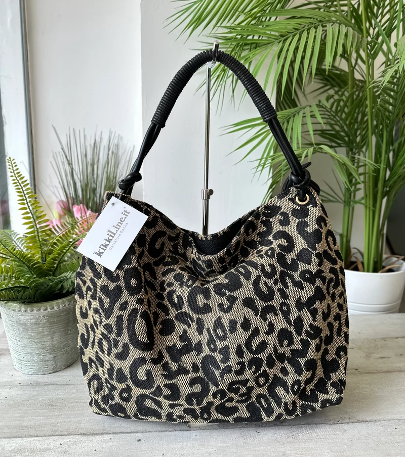 Shopping Bag a Spalla KikkiLine Tessuto Animalier Leopardato Nero